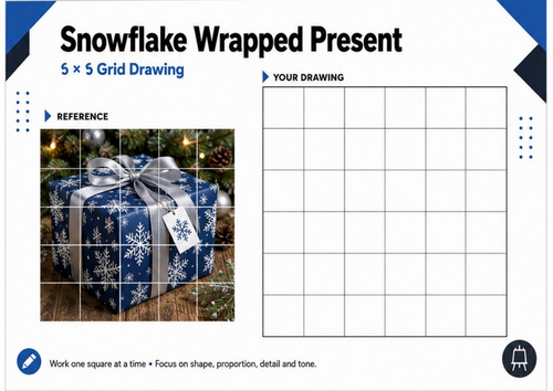 Snowflake Wrapped Present – Grid Drawing Worksheet