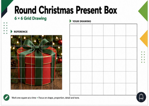 Round Christmas Present Box – Grid Drawing Worksheet