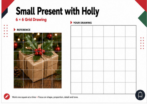 Small Present with Holly – Grid Drawing Worksheet