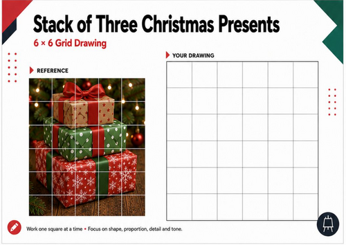 Stack of Three Christmas Presents – Grid Drawing Worksheet