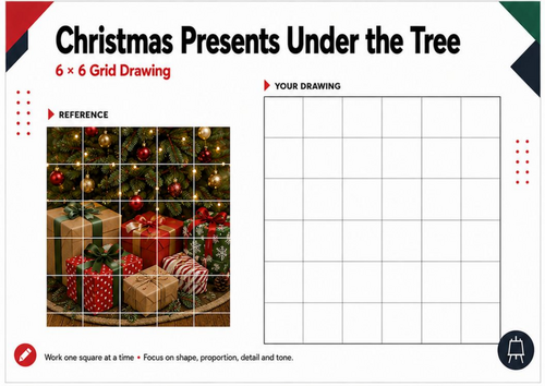 Christmas Presents Under the Tree – Grid Drawing Worksheet