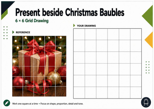 Present Beside Christmas Baubles – Grid Drawing Worksheet