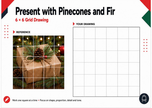 Present with Pinecones and Fir – Grid Drawing Worksheet