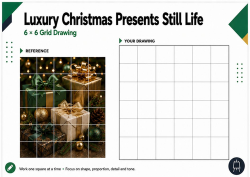 Luxury Christmas Presents Still Life – Grid Drawing Worksheet