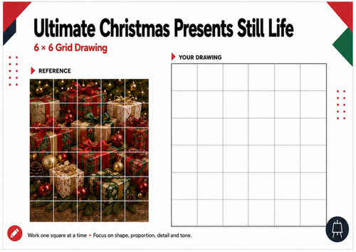 Ultimate Christmas Presents Still Life – Grid Drawing Worksheet