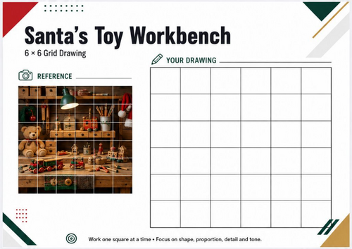 Santa’s Toy Workbench Grid Drawing Worksheet | Christmas Art Activity