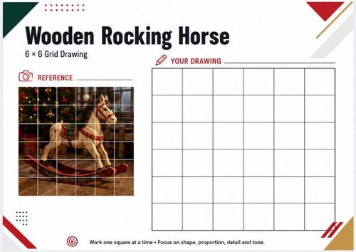 Wooden Rocking Horse Grid Drawing Worksheet | Christmas Art
