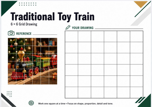 Traditional Toy Train Grid Drawing Worksheet | Christmas Art Activity