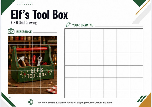 Elf’s Tool Box Grid Drawing Worksheet | Christmas Art Activity