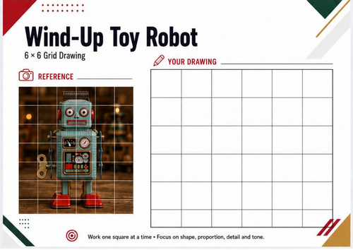 Wind-Up Toy Robot Grid Drawing Worksheet | Christmas Art Activity