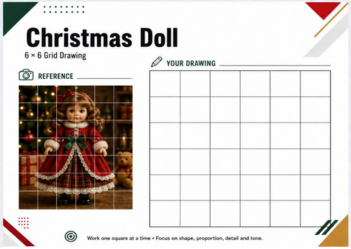 Christmas Doll Grid Drawing Worksheet | Festive Art Activity