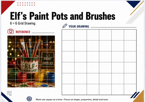Elf’s Paint Pots & Brushes Grid Drawing Worksheet | Christmas Art