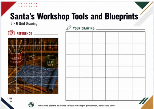 Santa’s Workshop Tools & Blueprints Grid Drawing Worksheet | Christmas Art