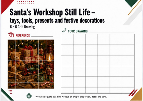Santa’s Workshop Still Life Grid Drawing Worksheet | Christmas Art