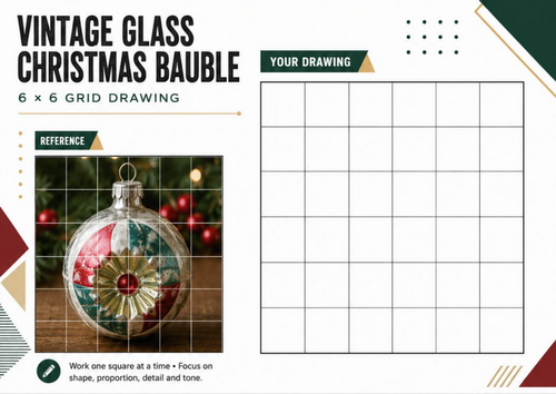 Vintage Glass Christmas Bauble Grid Drawing Worksheet | 6×6 Christmas Art