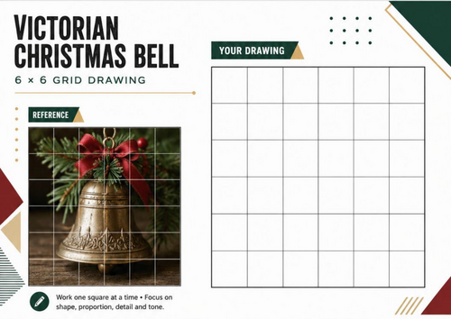 Victorian Christmas Bell Grid Drawing Worksheet | 6×6 Festive Art Activity