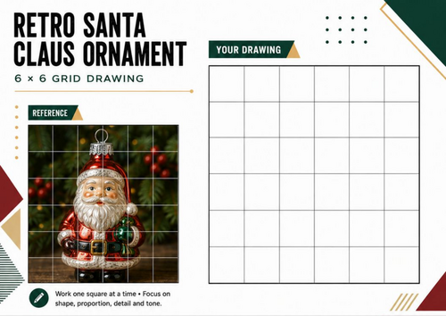 Retro Santa Claus Ornament Grid Drawing Worksheet | Christmas Art Activity