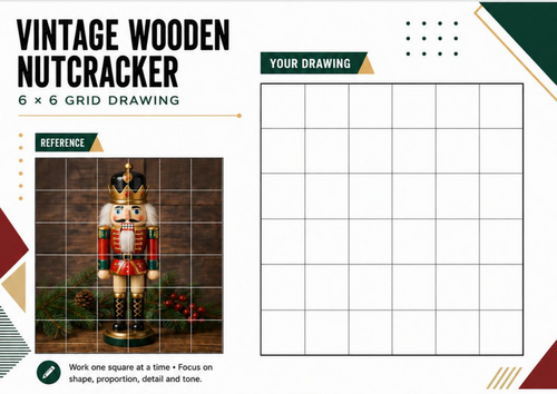 Vintage Wooden Nutcracker Grid Drawing Worksheet | 6×6 Christmas Art