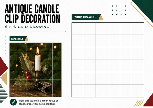 Antique Christmas Candle Clip Grid Drawing Worksheet | Festive Art Activity