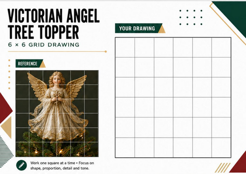 Victorian Angel Tree Topper Grid Drawing Worksheet | Christmas Art