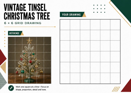 Vintage Tinsel Christmas Tree Grid Drawing Worksheet | 6×6 Festive Art