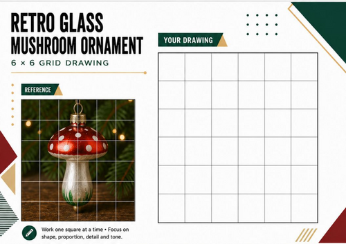 Retro Glass Mushroom Christmas Ornament Grid Drawing Worksheet | KS3 Art