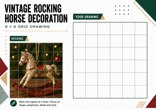 Vintage Rocking Horse Christmas Grid Drawing Worksheet | Festive Art