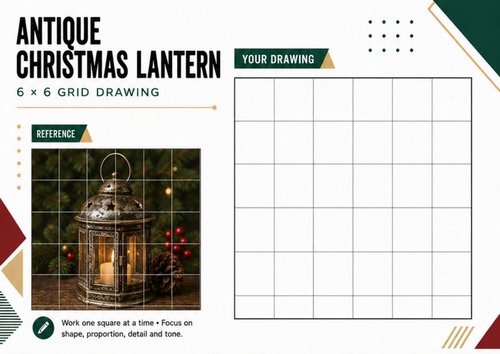Antique Christmas Lantern Grid Drawing Worksheet | 6×6 Christmas Art