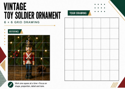Vintage Toy Soldier Christmas Ornament Grid Drawing Worksheet | KS3 KS4 Art