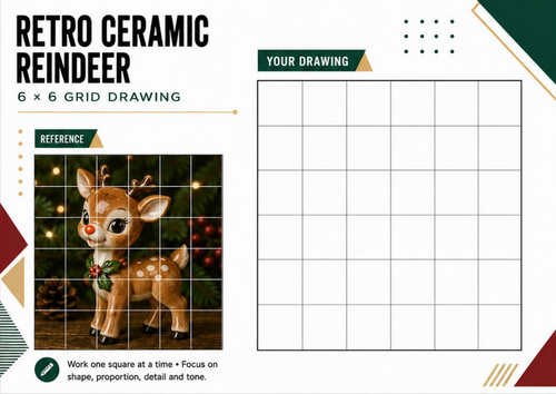 Retro Ceramic Reindeer Grid Drawing Worksheet | Christmas Art Activity