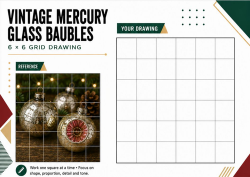 Vintage Mercury Glass Christmas Baubles Grid Drawing Worksheet ...