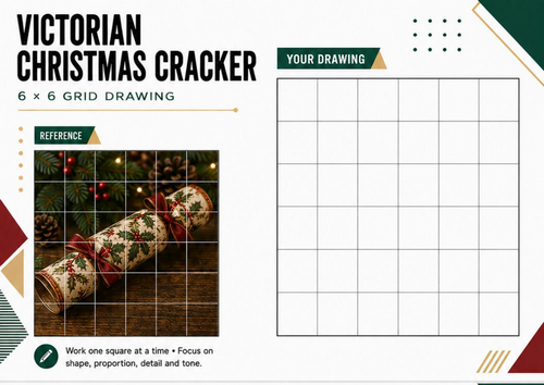Victorian Christmas Cracker Grid Drawing Worksheet | 6×6 Festive Art