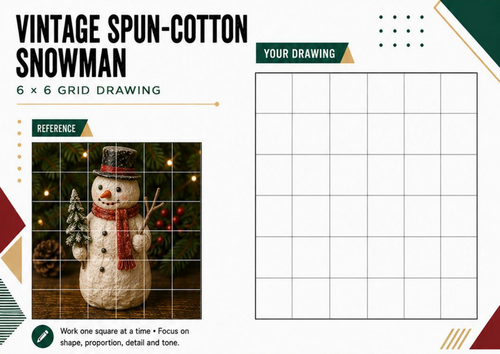Vintage Spun-Cotton Snowman Grid Drawing Worksheet | Christmas Art Activity