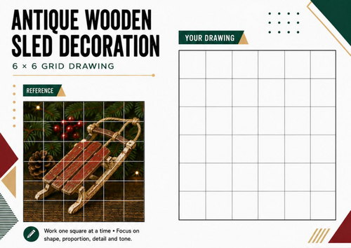 Antique Wooden Christmas Sled Grid Drawing Worksheet | Winter Art Activity