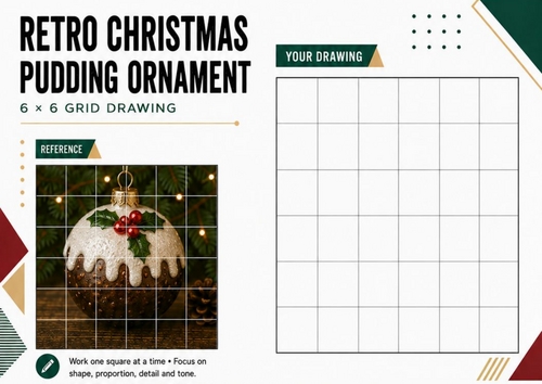 Retro Christmas Pudding Ornament Grid Drawing Worksheet | Festive Art