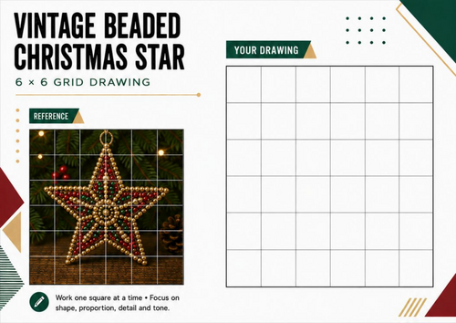 Vintage Beaded Christmas Star Grid Drawing Worksheet | 6×6 Festive Art