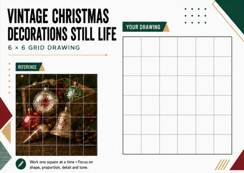 Vintage Christmas Decorations Still Life Grid Drawing Worksheet | KS3 KS4 Art