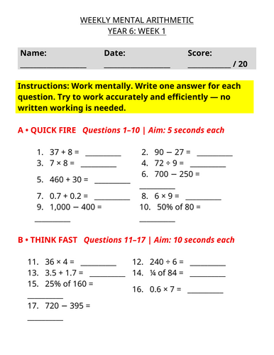 Year 6 Weekly Mental Maths - Mental Arithmetic Worksheet | Week 1