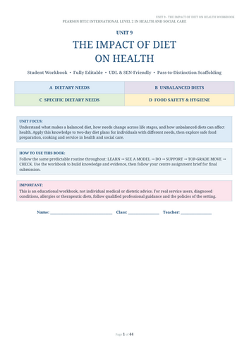 Pearson BTEC International Level 2 Health & Social Care Unit 9 The Impact of Diet on Health | 44Pag
