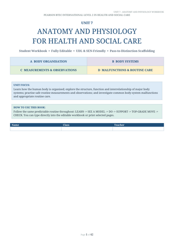 Pearson BTEC International Level 2 Health & Social Care Unit 7 Anatomy & Physiology | 42-Page