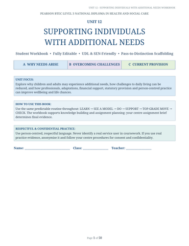 BTEC Level 3 Health & Social Care Unit 12 Supporting Individuals with Additional Needs | 50-Page