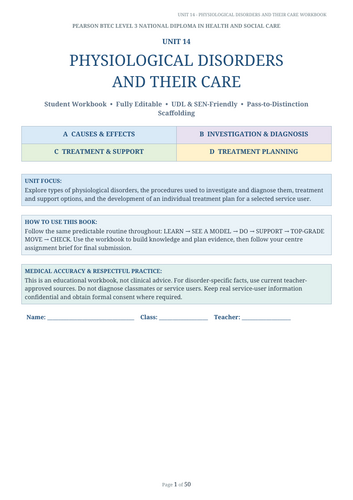 BTEC Level 3 Health & Social Care Unit 14 Physiological Disorders & Their Care | 50-Page Editable Wo