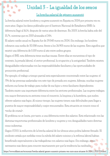 A-Level Spanish - La brecha salarial (news article|synonyms|reading|translation|writing)