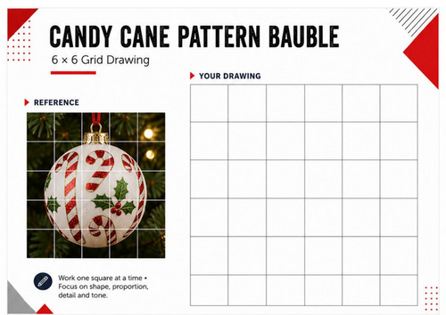 Candy Cane Pattern Bauble – Christmas Grid Drawing Worksheet