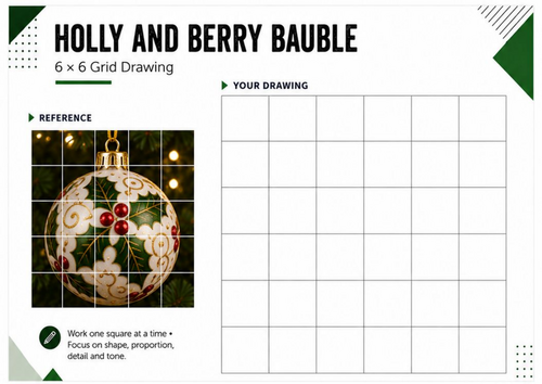 Holly and Berry Bauble – Christmas Grid Drawing Worksheet