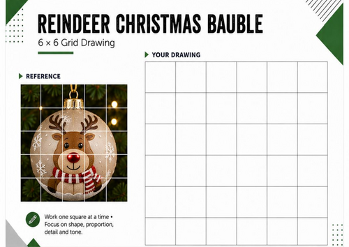 Reindeer Christmas Bauble – Grid Drawing Worksheet