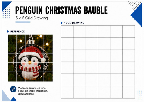 Penguin Christmas Bauble – Grid Drawing Worksheet