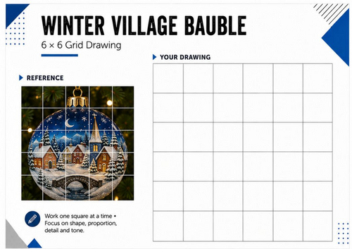 Winter Village Bauble – Christmas Grid Drawing Worksheet