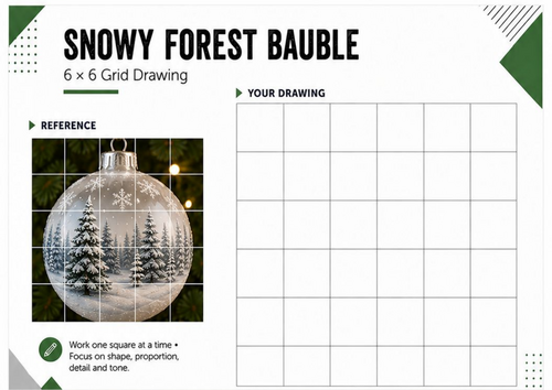 Snowy Forest Bauble – Christmas Grid Drawing Worksheet
