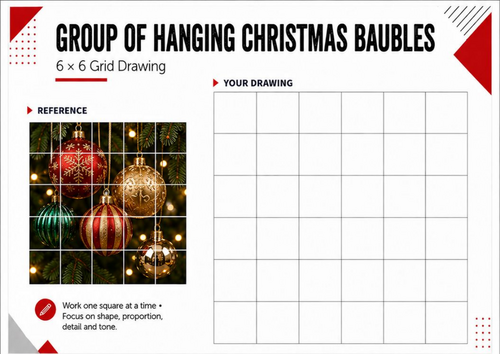 Group of Hanging Christmas Baubles – Grid Drawing Worksheet